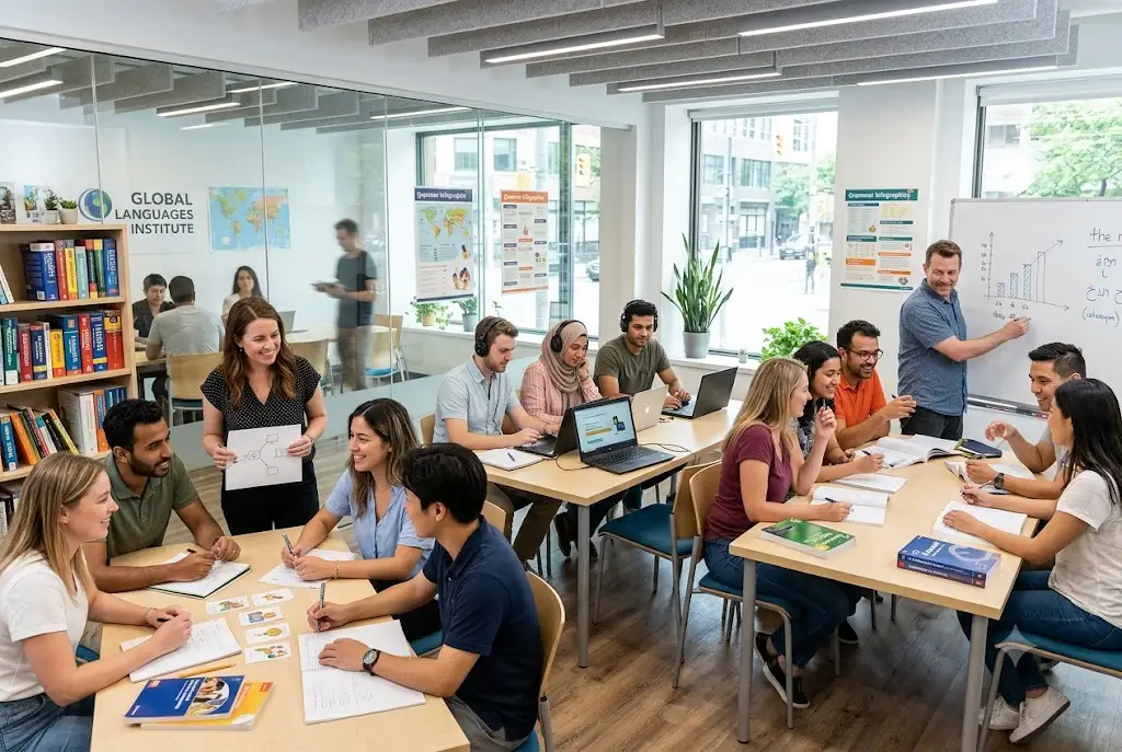 Students demonstrating stages of second language learning in a modern classroom