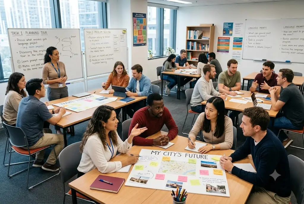 Students participating in task based language learning activities in a modern classroom