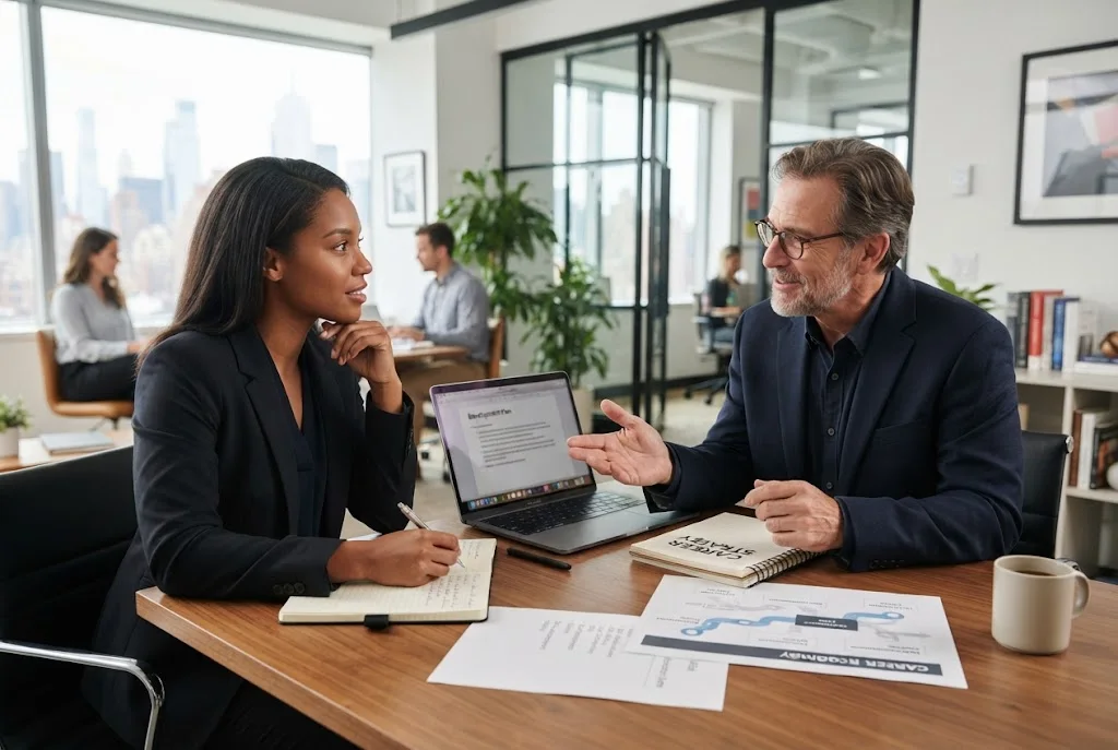 Career development coach helping a professional plan career goals