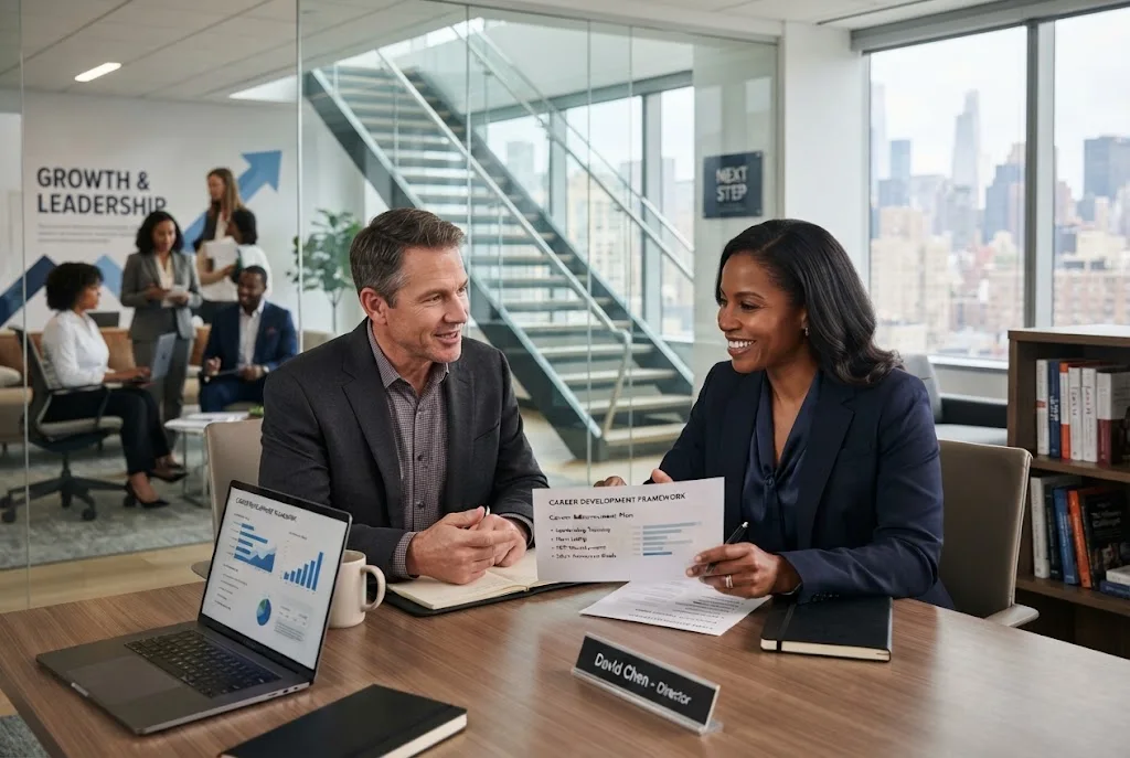 Professional discussing promotion opportunities and career advancement at work