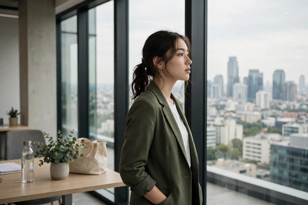 Young professional considering her career path options at an office window