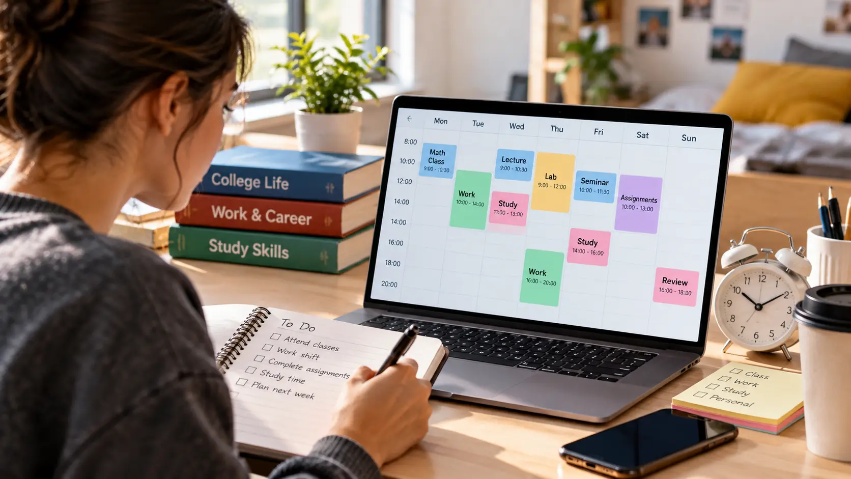 College student planning class times, work shifts and study sessions on a weekly calendar